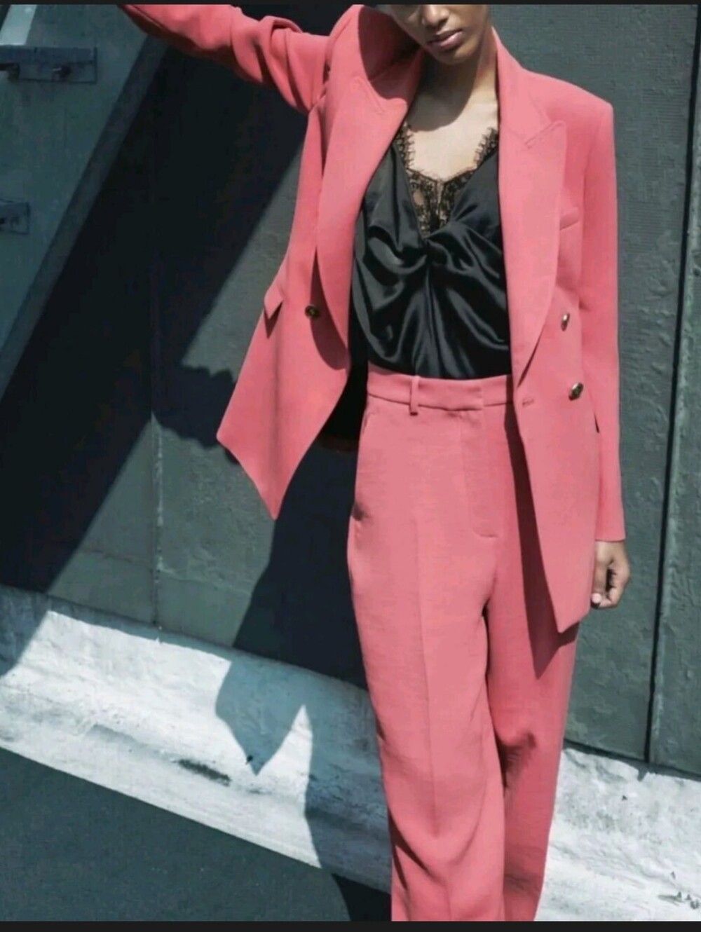 Zara Pink Coral Double-Breasted Blazer & Wide-Leg Pants Set Size L 🔥🔥🔥